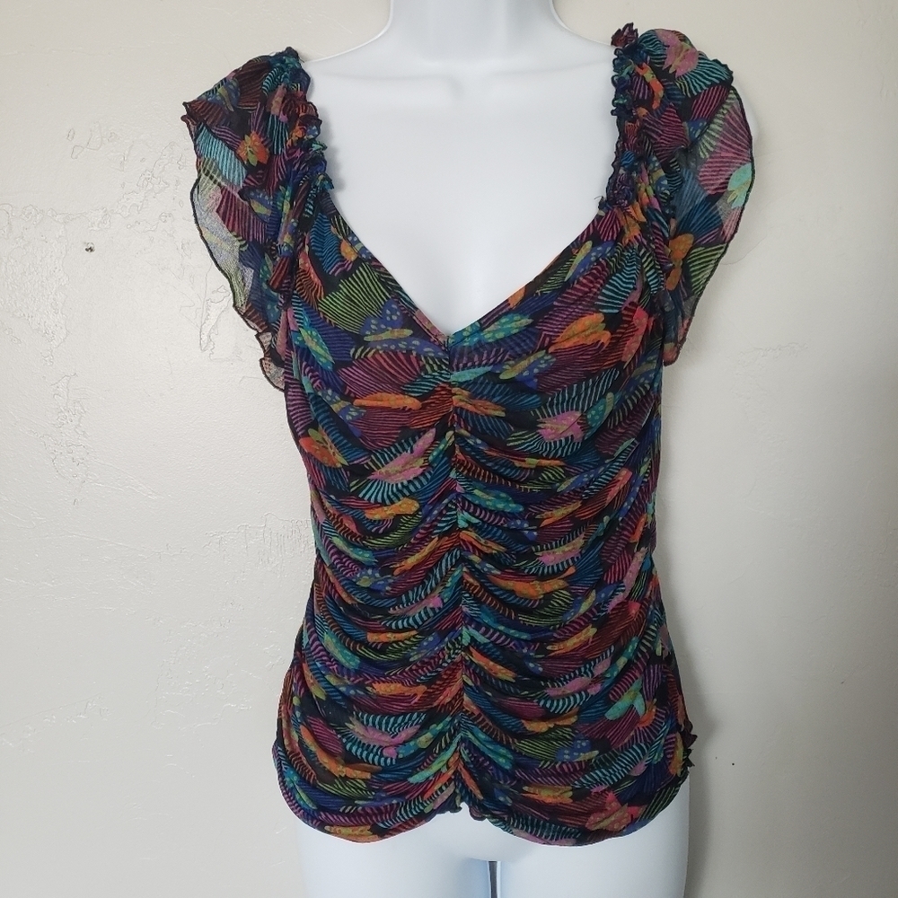 Diane von Furstenberg Women's Small 100% Silk Colorful Butterfly Blouse Ruched